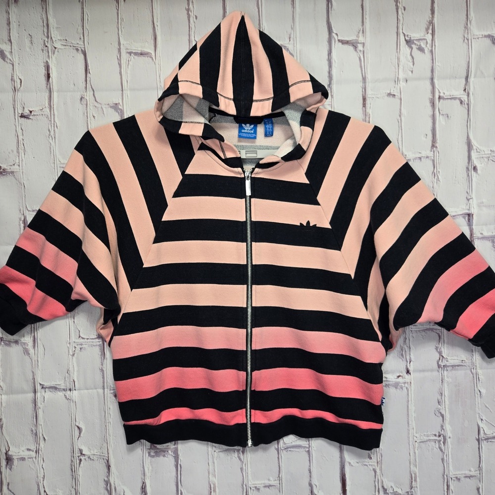 Y2K Adidas Originals Women Sz L Pink Black Striped Ombre Full Zip Cropped Hoodie